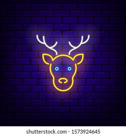 Neon Santa reindeer icon. Neon glowing symbol for new year and Christmas projects, greeting cards, banners, flyers. Bright sign. Editable stroke and blend. Flat vector illustration. 