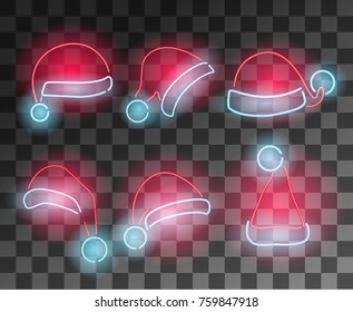 Conjunto de Chapéus de Noel Neon. Coleção de elementos de decoração de Natal em fundo efeito transparente.