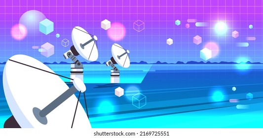 Neon Satellite Connection Space Exploration Dish Antenna View Through VR Glasses Metaverse Virtual Reality Technology