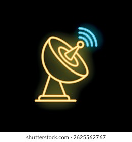 Neon satellite dish transmitting signals, a bright symbol of communication technology