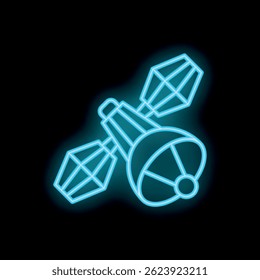Neon satellite icon glowing in the dark, symbolizing space exploration and communication technology