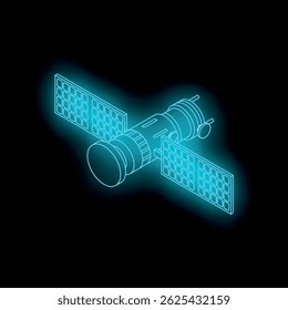 Neon satellite with solar panels orbiting earth transmitting signal