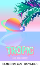 Neon Saturn and palm leaves. surreal beach tropic background