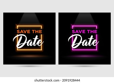 Neon Save The Date Big Sign. Yellow and Pink Save The Date. Save The Date Banner On Dark Back Ground