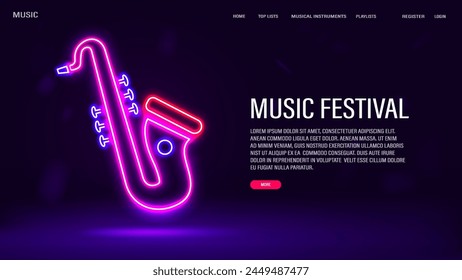 Neon saxophone in blue pink and red with text. A concept for cafes, live music and jazz.