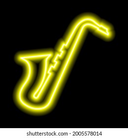 Neon saxophone on a black background. Yellow contour. Vector illustration
