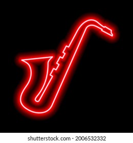 Neon saxophone on a black background. Red contour. Vector illustration