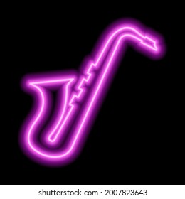 Neon saxophone on a black background. Pink contour. Vector illustration