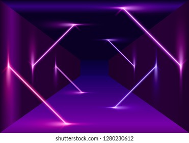 Neon scene, laser show on the night background. Vector illustration