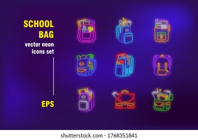 Neon school bag set. Backpack, student, suitcase and study. Vector illustrations for night bright advertisement. Education and accessory concept