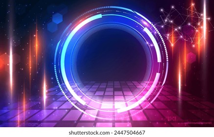 Neon Sci Fi futuristic circular interface technology background with glowing laser beams. Hologram portal swirl light of science futuristic. Circle teleport podium. Warp gate. HUD tech circle. Vector.