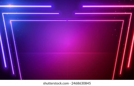 Neon Sci Fi Futuristic technology background, empty space scene. Glowing Laser Beams Hallway Corridor. Virtual reality, cyber futuristic sci-fi background. Modern neon lighting. Tech Vector EPS10.