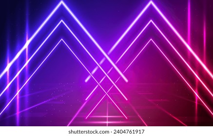 Neon sci fi purple blue glowing laser arrows technology background. Podium, road, pedestal or platform with neon luminous rays. Neon magic lights line. Stage scenic lights. Futuristic Vector EPS10.