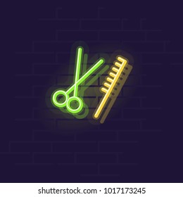 Neon scissors and comb. Night illuminated wall barbershop street sign. Trendy hairdressing saloon logo template. Isolated geometric style illustration on brick wall background.