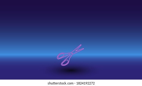 Neon scissors symbol on a gradient blue background. The isolated symbol is located in the bottom center. Gradient blue with light blue skyline