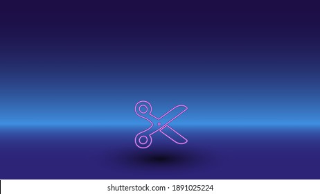 Neon scissors symbol on a gradient blue background. The isolated symbol is located in the bottom center. Gradient blue with light blue skyline