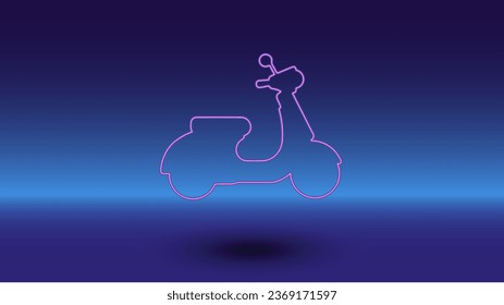 Neon scooter symbol on a gradient blue background. The isolated symbol is located in the bottom center. Gradient blue with light blue skyline