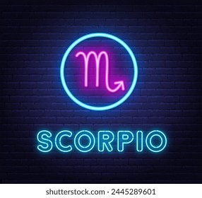 Neon Scorpio Sign on brick wall background.