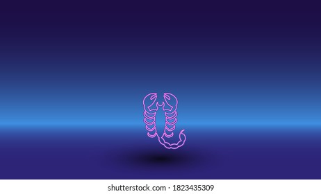 Neon scorpio symbol on a gradient blue background. The isolated symbol is located in the bottom center. Gradient blue with light blue skyline