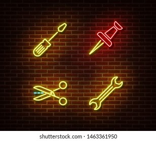 Neon screwdriver, pin, scissors, wrench signs vector isolated on brick wall. Neon work tools light symbol. Vector illustration.