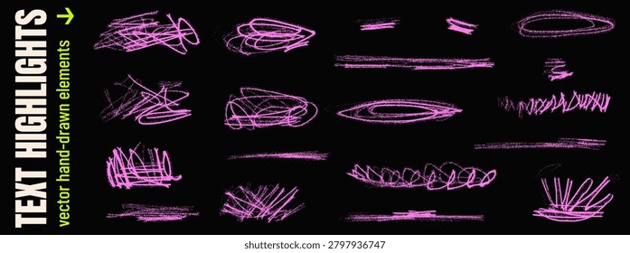 Neon scribble highlight with crayon chalk and messy lines on urban wall for poster or promo decoration. Pink neon hand drawn scribble pastel marks. Vector grunge pack isolated for collage promotion bg