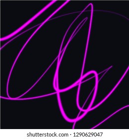Neon scribble sketch objects. Waves vibration lines, isolated on dark background. Light painting