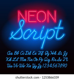 Neon Script Alphabet Font. Blue Color Lowercase And Uppercase Letters And Numbers. Stock Vector Typeface For Your Typography Design.