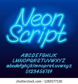 Neon Script Alphabet Font. Blue Color Lowercase And Uppercase Shiny Letters And Numbers. Stock Vector Typescript For Your Typography Design.