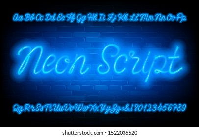 Neon Script alphabet font. Blue neon light uppercase and lowercase letters and numbers on brick wall background. Stock vector typescript for your typography design.