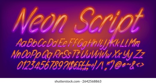 Fonte do alfabeto do Neon Script. Letras, números e símbolos de script de néon brilhante. Texto vetorial de ações para o seu projeto.