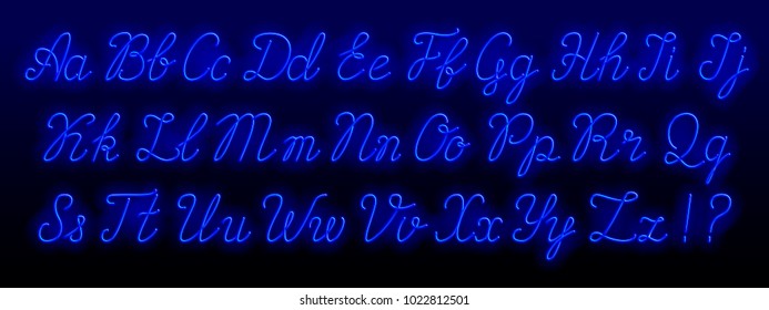 Neon script alphabet font. Neon color uppercase and lowercase letters. Stock vector typeface for any typography design.