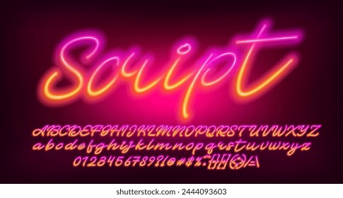 Fuente alfabética Neon Script. Letras, números y símbolos coloridos de la luz del neón. Vector de archivo de texto para su diseño.