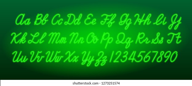 Neon script alphabet font. Green color lowercase and uppercase letters and numbers. Stock vector typeface for your typography design.