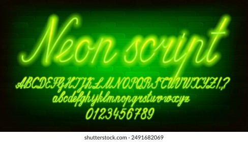 Fuente alfabética Neon Script. Letras, números y símbolos de neón verde. Vector de archivo de texto para su diseño.