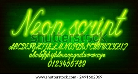 Neon Script alphabet font. Green neon letters, numbers and symbols. Stock vector typescript for your design.