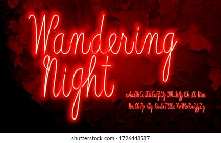 Neon script alphabet font. Red neon uppercase and lowercase letters. Hand drawn vector typeface for your headers or any typography design.