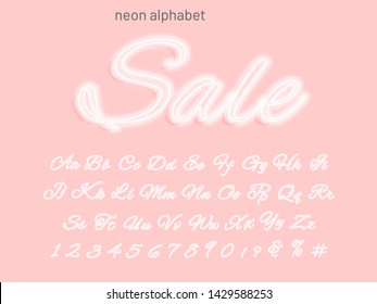 Neon Script Alphabet Font. White Neon Uppercase And Lowercase Letters And Numbers. Hand Drawn Vector Typeface For Your Headers Or Any Typography Design. Powder Background For Fashion And Shops