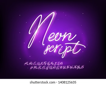 Neon script font. Handwriting neon uppercase and lowercase letters. Hand drawn vector typeface with glow for your headers or any typography design.