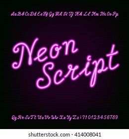 Neon Script Hand Drawn Alphabet Font. Type Letters And Numbers On A Dark Background. Vector Typeface For Labels, Titles, Posters Etc.