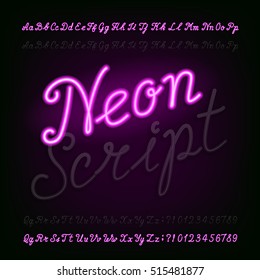 Neon script hand drawn alphabet font. Light turn on and off. Purple neon type letters and numbers on a dark background. Vector typeface for labels, titles, posters etc.