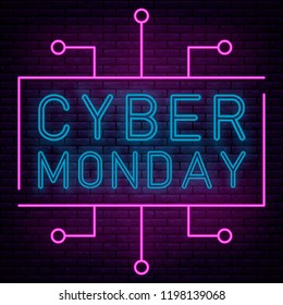 Neon Drehbuchschrift Cyber Montag, leuchtendes Schild, nächtliche Werbung für Verkaufsrabatte von Cyber Montag.