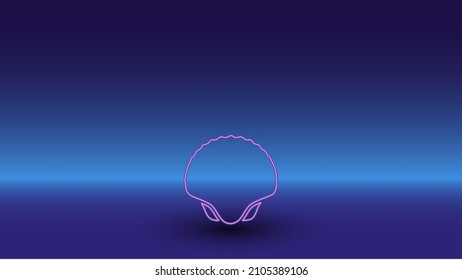 Neon sea shell symbol on a gradient blue background. The isolated symbol is located in the bottom center. Gradient blue with light blue skyline