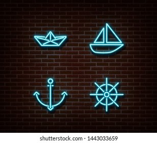 Neon sea transport signs vector isolated on brick wall. Paper boat, ship, anchor, wheel light symbols, decoration effect. Neon transportation illustration.