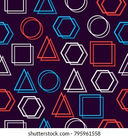 Neon seamless abstract pattern with geometrics.Urban,drive,modern creative wallpaper. Chaotic repeated design with grunge, retro shapes isolated on white background. Vector illustration