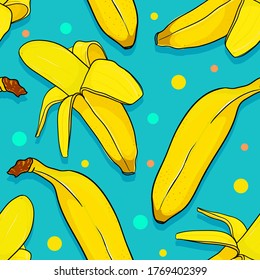 Neon seamless banana pattern on vibrant blue background with colored dots. Trendy summer food ornament for textile or wallpaper