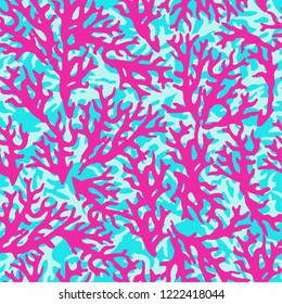 Neon seamless colourful pattern with pink sea coral on blue background. Can be used for textile, parer, scrapbooking, wrapping, web and print design
