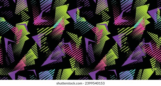 Neon Patrón geométrico sin costura con líneas, flechas, elementos geométricos mordaces. Ornamento geométrico para textil de moda, ropa deportiva, papel envolvente.