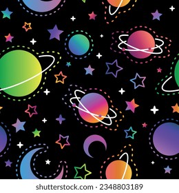 Neon seamless night sky stars pattern. Sketch moon, space planets and hand drawn star illustration. Astronomy symbols decorative texture. Cosmic wallpaper, wrapping paper, textile outline design