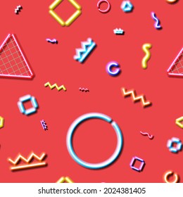 Neon seamless pattern with and 80s or 90s abstract arcade style