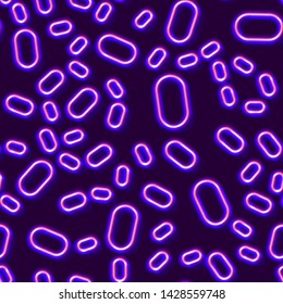 Neon seamless pattern with 80s style shiny shapes and glowing purple color